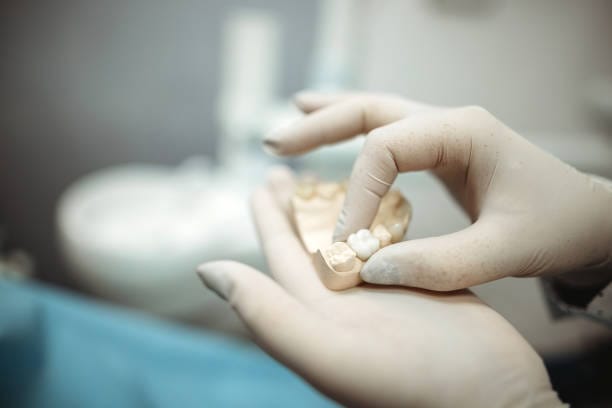 dental professional holding a dental bridge in Tucson, AZ