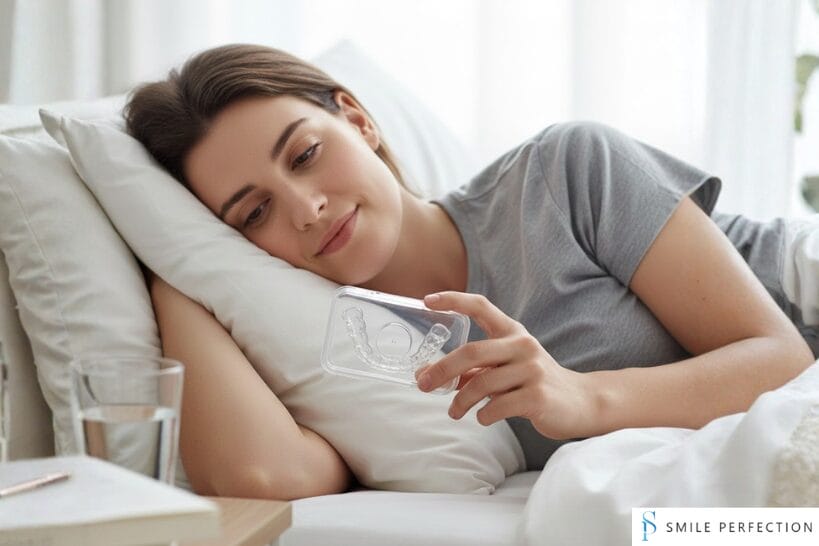 A woman waking up refreshed while holding a clear night guard case